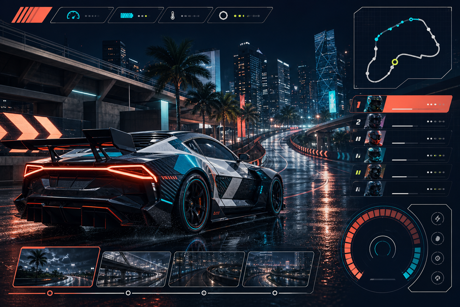 Konsep game balap malam dengan telemetry, peta sirkuit, dan leaderboard