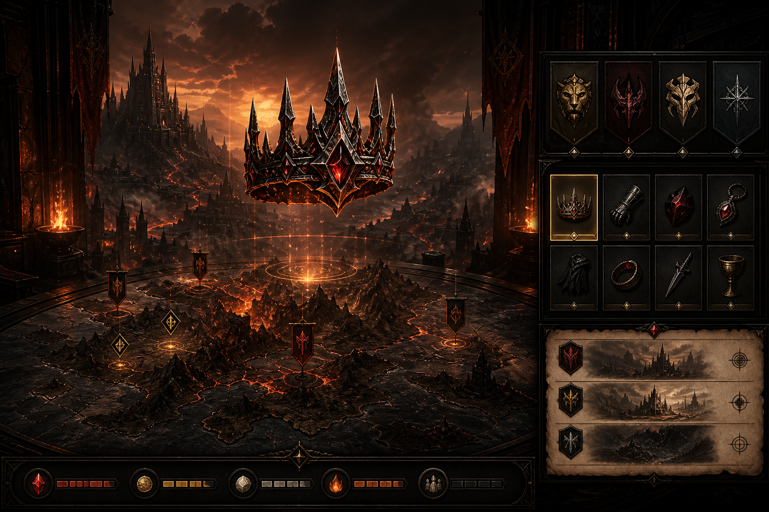 Konsep game UI dark fantasy dengan mahkota, peta kerajaan, dan inventory