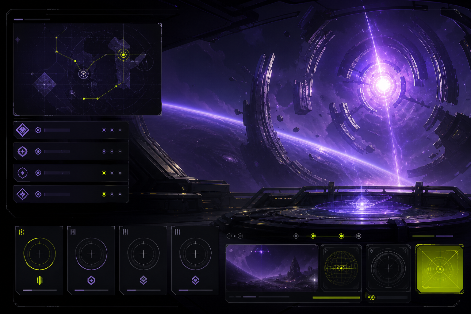 Konsep game UI sci-fi dengan peta misi orbital berwarna ungu dan lime